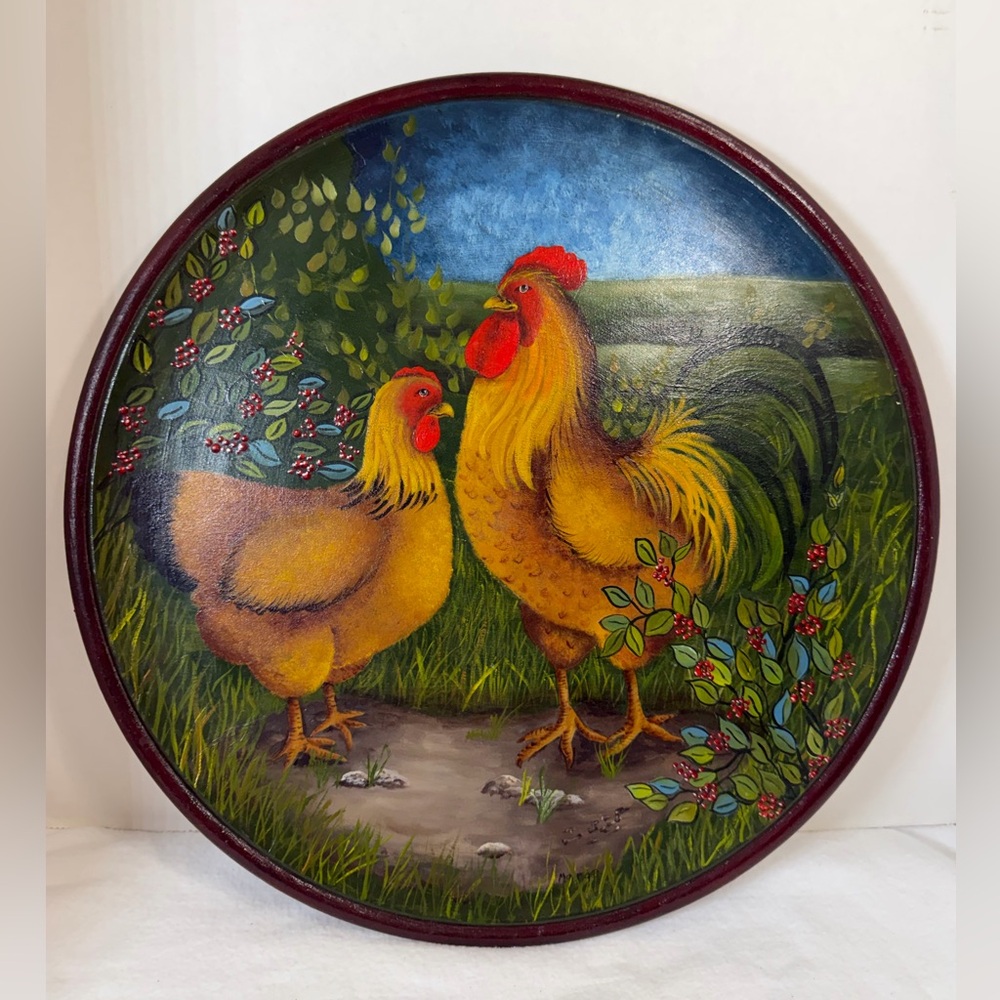 Rooster Hen Chicken Hand Painted 14" Wooden Plate Decorative Cottage Farm Core